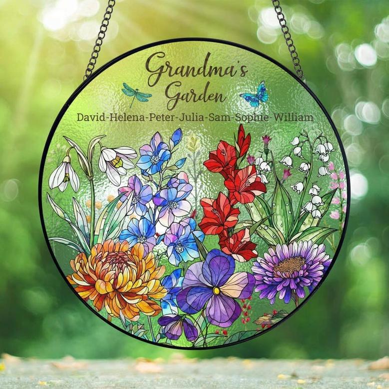 Personalized Birth Flowers Stained Glass - Grandma's Garden Gift, Custom Floral Decor