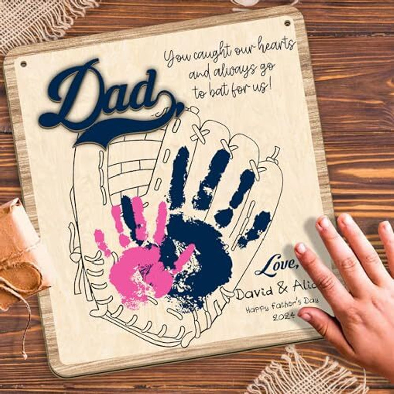 Personalized baseball handprint sign for Dad, DIY gift for Father's Day, blue handprint, custom name under baseball graphic