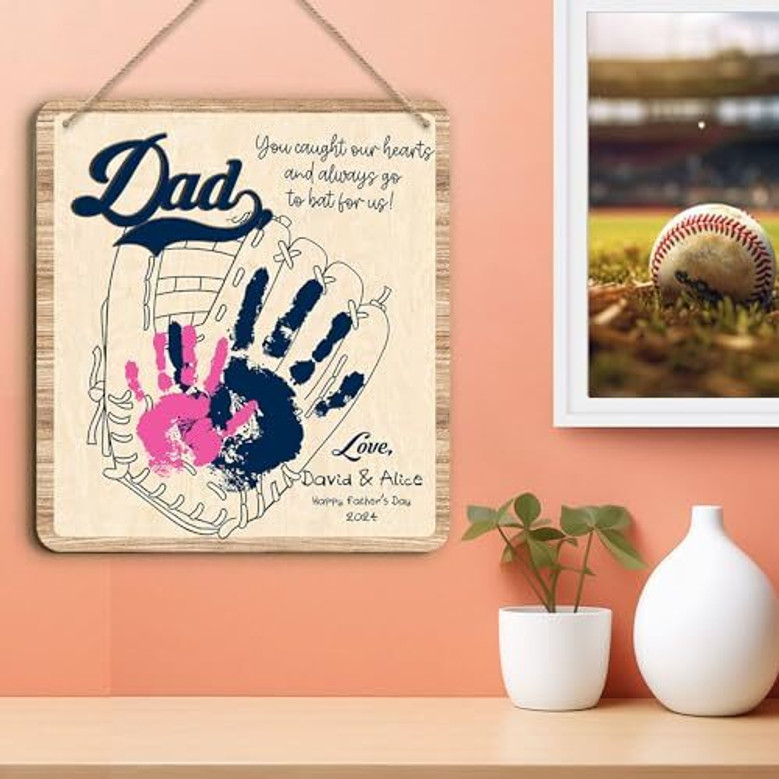Personalized baseball handprint sign for Dad, Father's Day keepsake with two children's prints, custom names and date