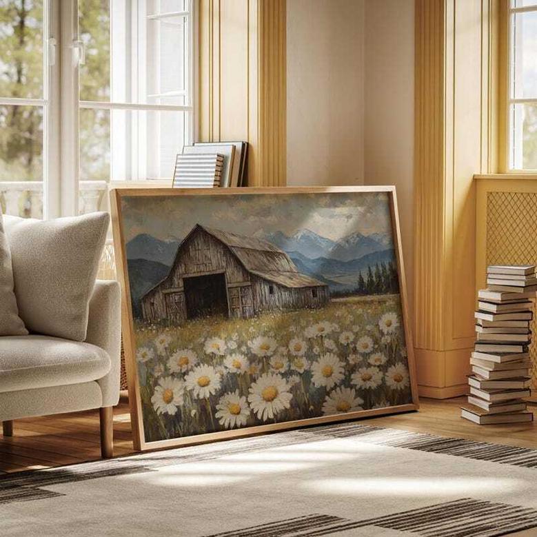 Rustic Farmhouse Landscape Canvas With Wildflowers And Mountains For Living Room Or Kitchen Decor