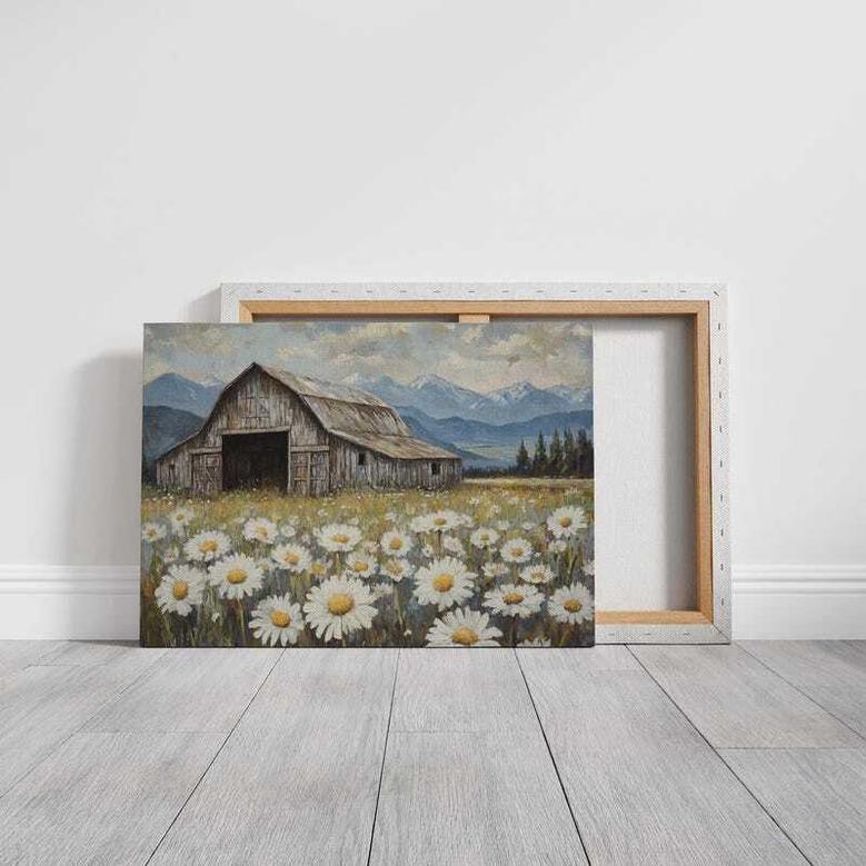 Rustic Farmhouse Landscape Canvas With Wildflowers And Mountains For Living Room Or Kitchen Decor