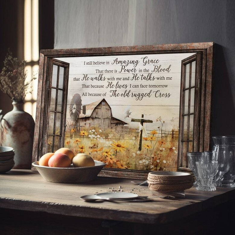 Rustic farmhouse canvas with barn window landscape over blooming field and Christian Jesus quote, ideal for living room walls