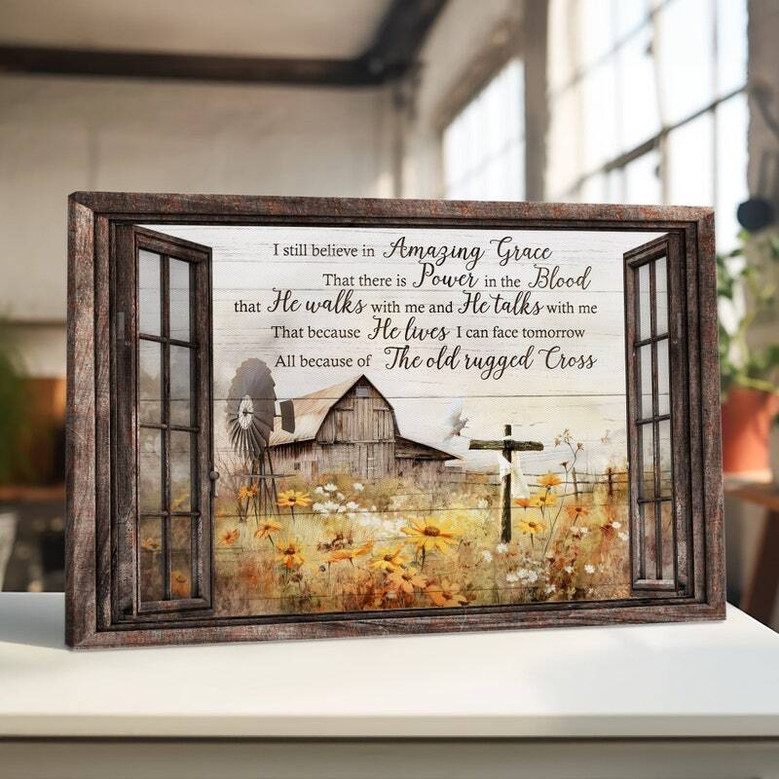 Rustic farmhouse canvas wall art with barn window view of flower field and inspiring Jesus quote, ideal for living room decor