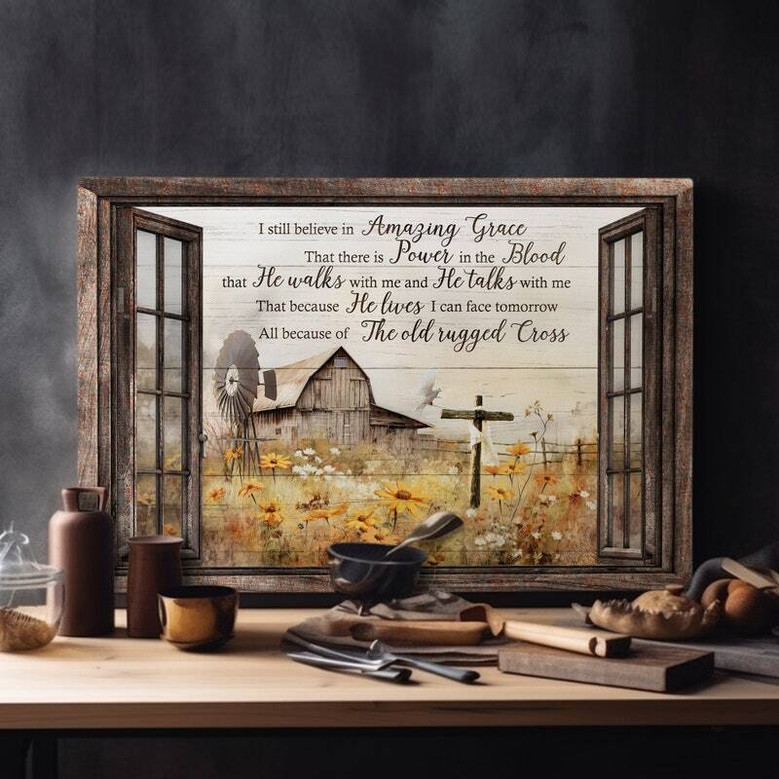 Rustic farmhouse canvas with windowpane barn frame over flower field, uplifting Jesus quote in earthy tones for living room