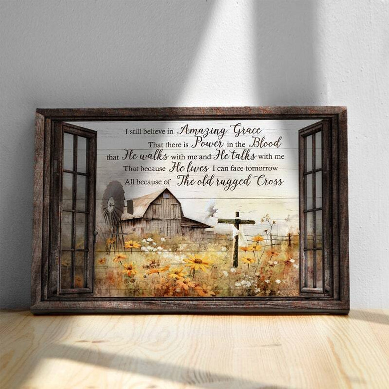 Rustic farmhouse canvas with distressed barn window over pastel wildflowers and Jesus quote, cottage living room wall decor
