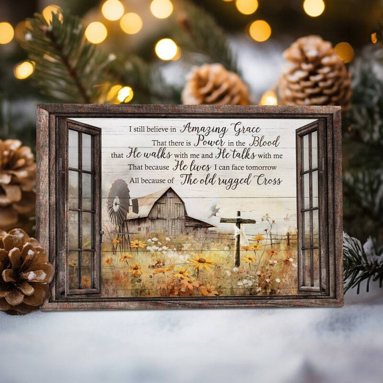 Rustic farmhouse canvas art of barn window and flower field with inspiring Jesus quote, Christian housewarming gift