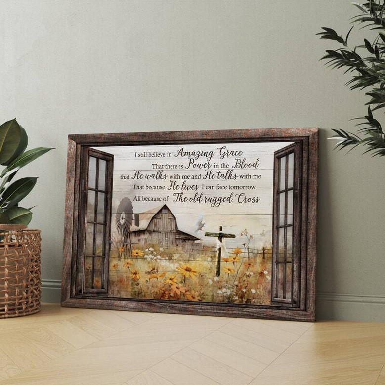 Rustic farmhouse canvas art with barn window frame, flower field scene and Jesus quote in neutral tones for living room