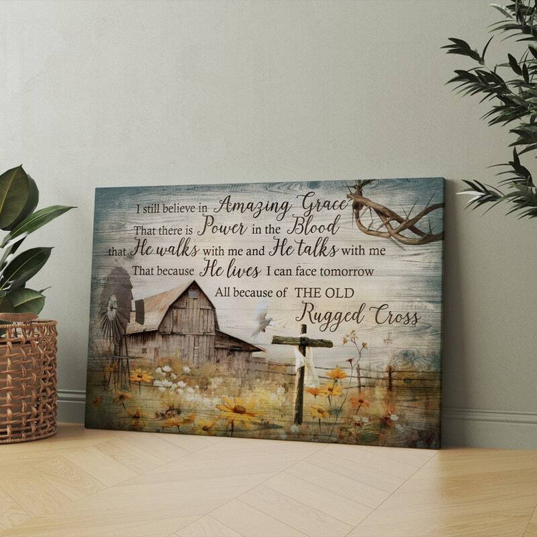 Jesus landscape canvas wall art, horizontal panorama of rustic flower field and soft sky, serene farmhouse decor and meaningful Christian gift