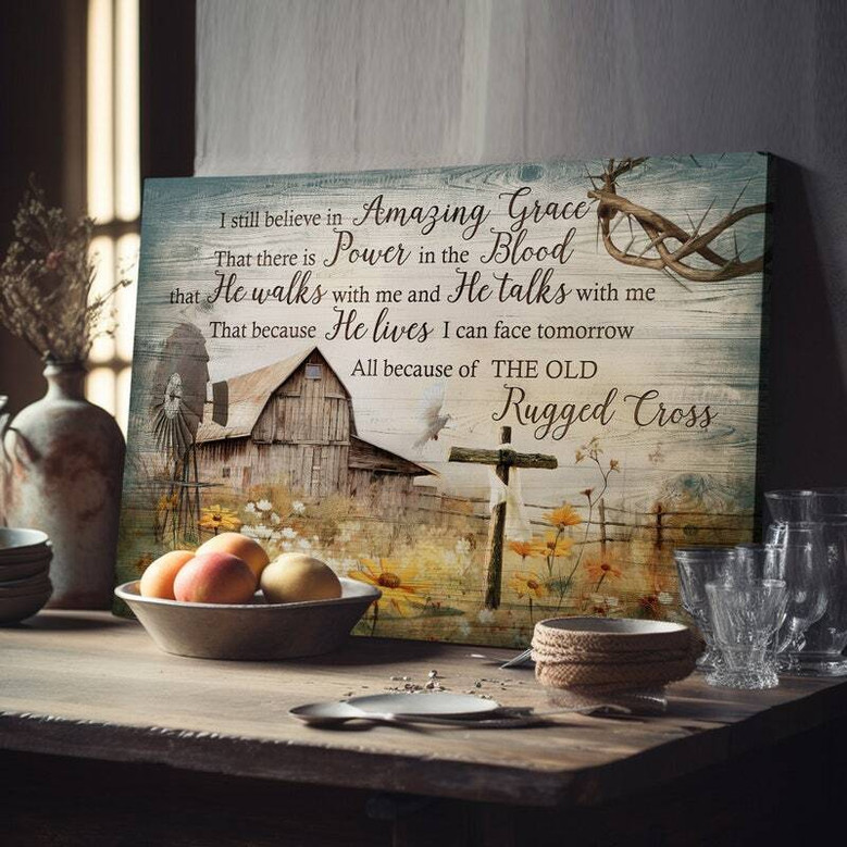 Jesus landscape canvas wall art with blooming flower meadow, vintage farmhouse tones, inspirational piece for serene living room decor