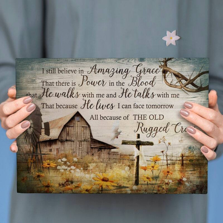 Jesus landscape canvas wall art in rustic farmhouse style, wildflower field path at golden light, calming living room decor and gift
