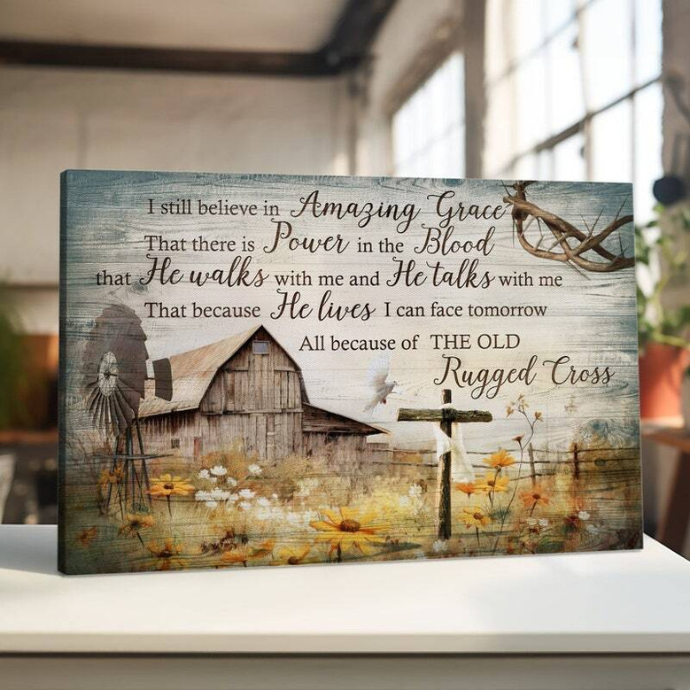 Jesus landscape canvas wall art with rustic farmhouse flower field and sunrise, inspirational living room decor and thoughtful gift