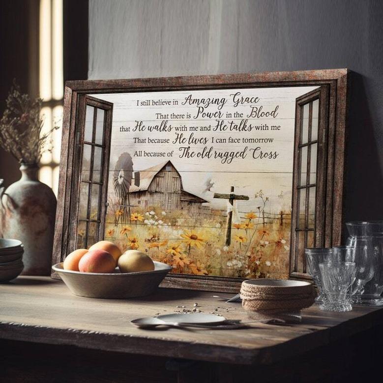 Rustic Farmhouse Canvas With Flower Field - Barn Window Landscape Art - Inspiring Jesus Quote For Living Room DéCor