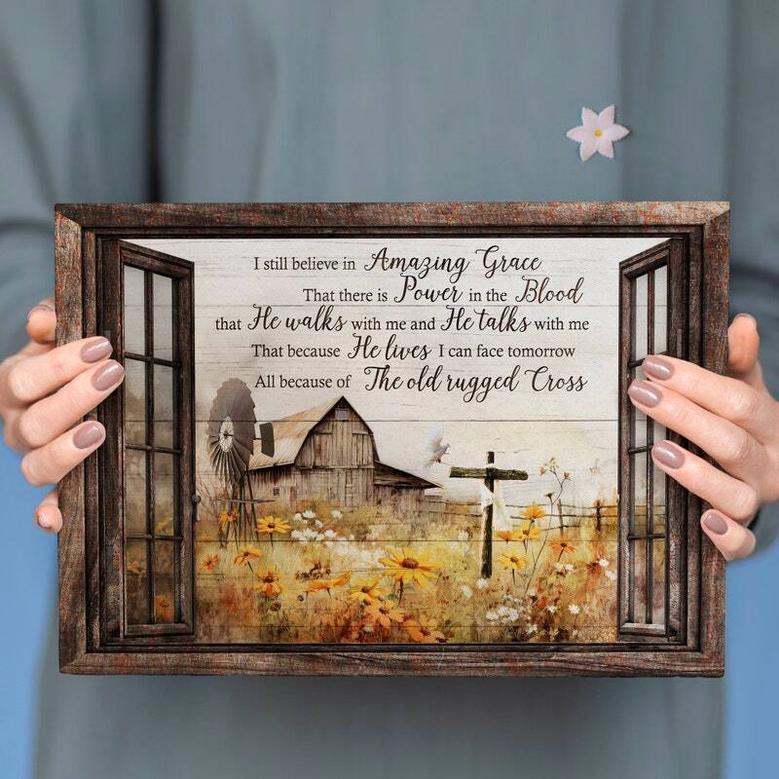 Rustic Farmhouse Canvas With Flower Field - Barn Window Landscape Art - Inspiring Jesus Quote For Living Room DéCor