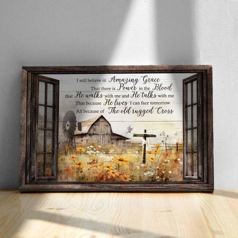 Rustic Farmhouse Canvas With Flower Field - Barn Window Landscape Art - Inspiring Jesus Quote For Living Room DéCor