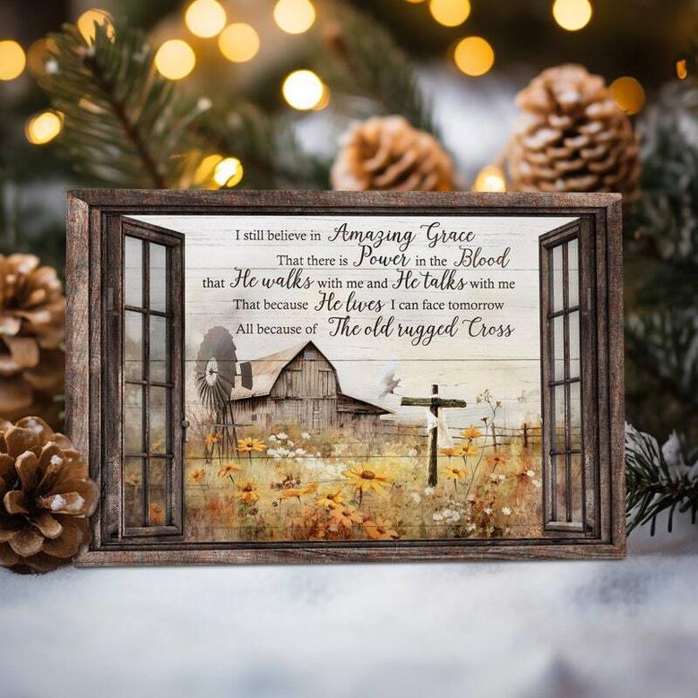 Rustic Farmhouse Canvas With Flower Field - Barn Window Landscape Art - Inspiring Jesus Quote For Living Room DéCor