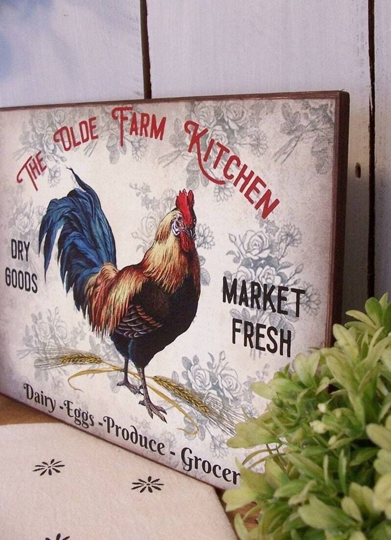 Rooster theme farmhouse canvas art for kitchen, personalized with family names, shabby chic decor for a housewarming gift