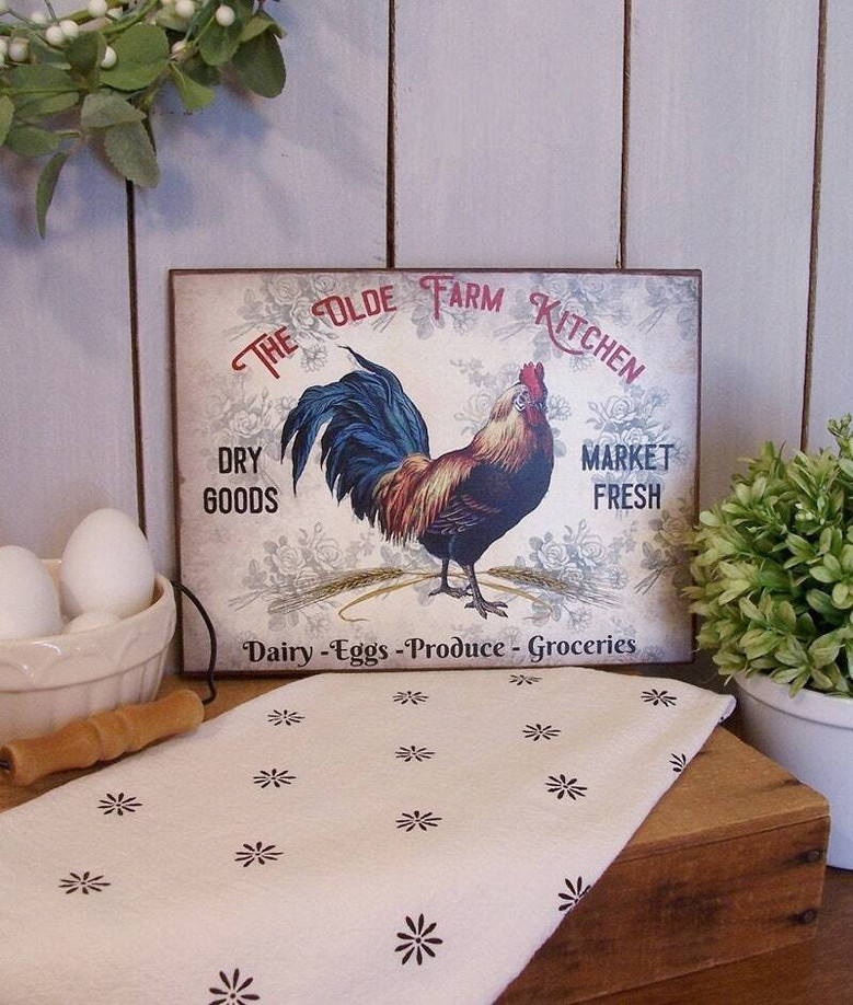 Shabby chic farmhouse rooster kitchen canvas art, personalized with names, charming rustic accent for cottage-style decor