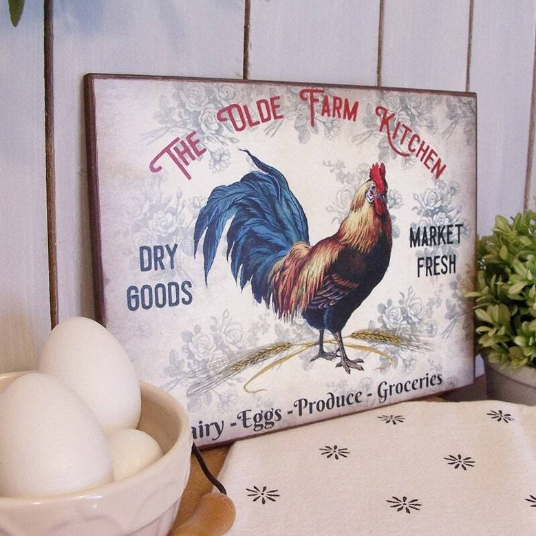 Farmhouse rooster kitchen canvas art, shabby chic wall decor personalized with names and established date, rustic style