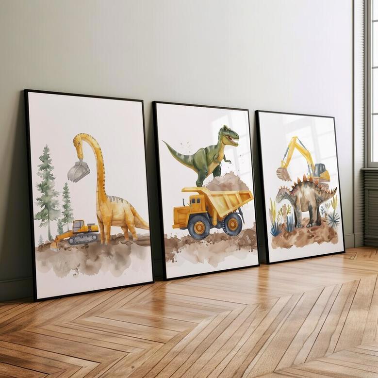 Dinosaur Nursery Art Canvas Set For Baby Boy - Construction Wall Decor