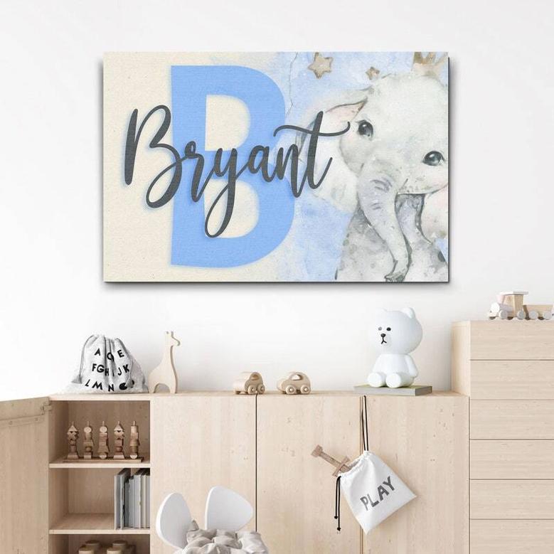 Personalized Elephant Nursery Canvas - Safari Baby Name Wall Art for Bedroom