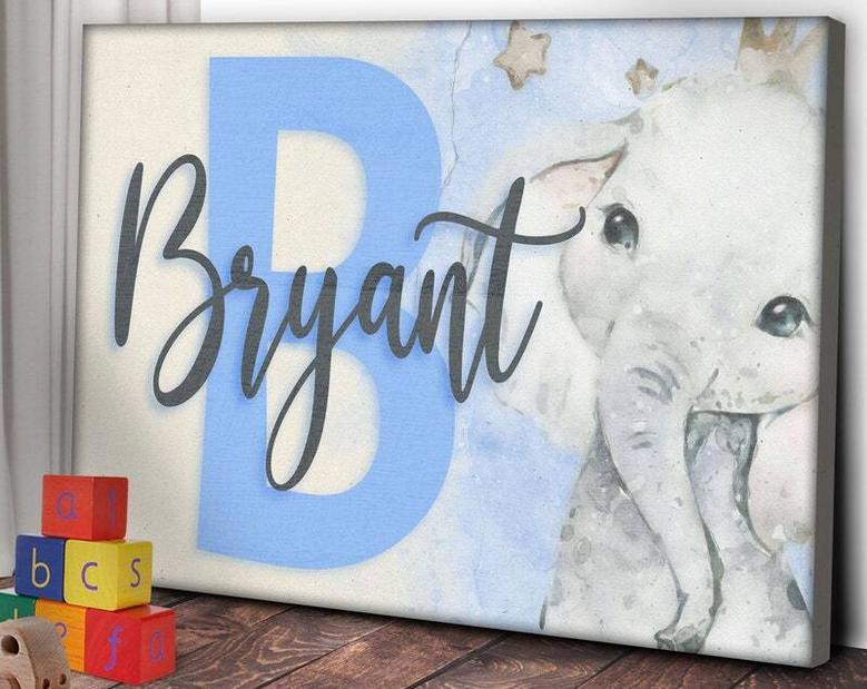 Personalized Elephant Nursery Canvas - Safari Baby Name Wall Art for Bedroom