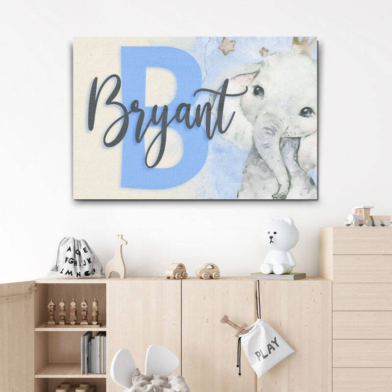 Elephant nursery canvas wall art, personalized with baby name in safari theme for bedroom decor or baby shower gift.