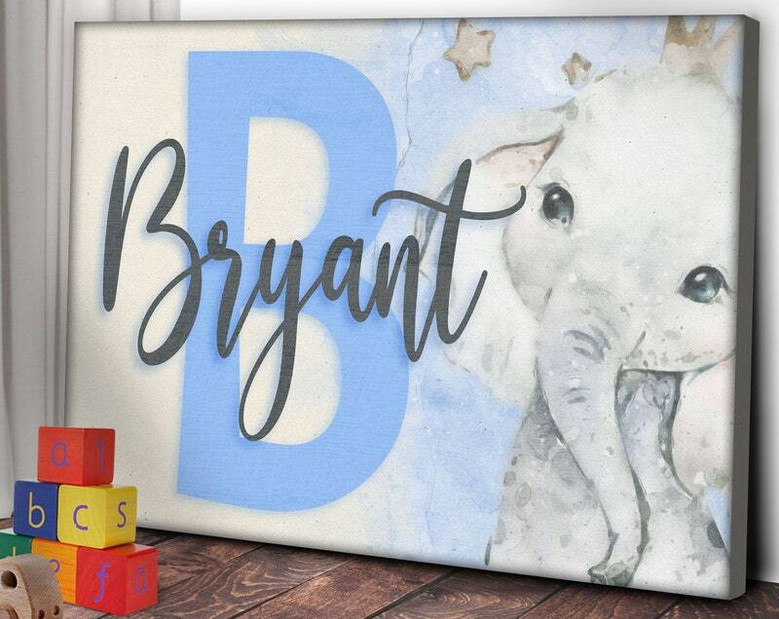Elephant safari nursery canvas, watercolor with pastel tones, custom baby name wall art for gender-neutral bedroom decor.