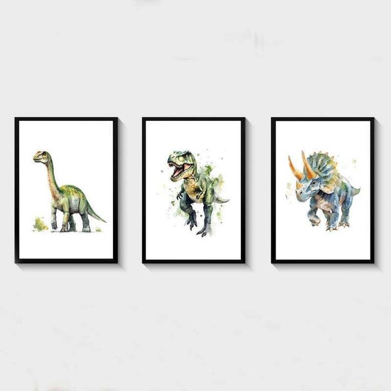 Dinosaur Nursery Canvas Set For Baby Boys Bedroom - T-Rex And Triceratops Wall DéCor