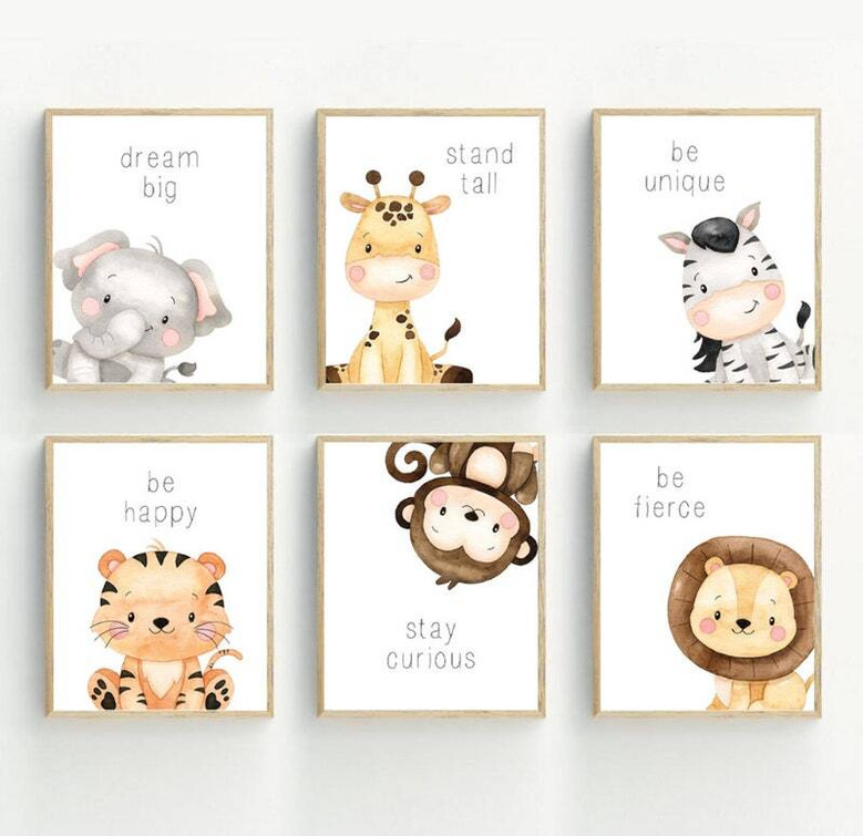 Safari animal nursery canvas wall art set of three featuring cute elephant, lion, and giraffe prints for baby room decor