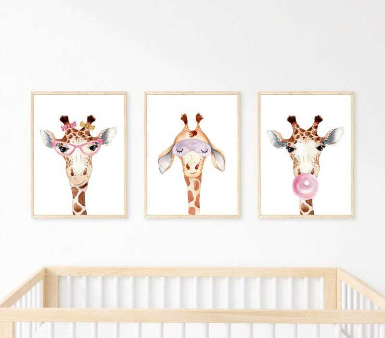 Giraffe nursery canvas trio, square set with smiling giraffes and tiny hearts, gentle pink palette for a cozy girl's nursery