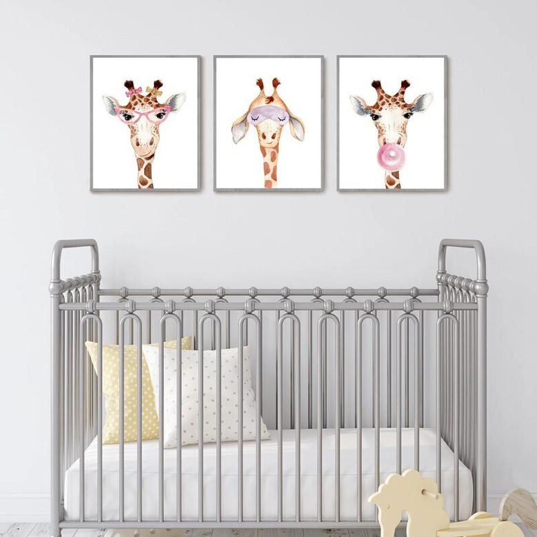 Giraffe nursery canvas trio in blush and cream, minimalist three-panel set with cuddly giraffes for girl's bedroom wall