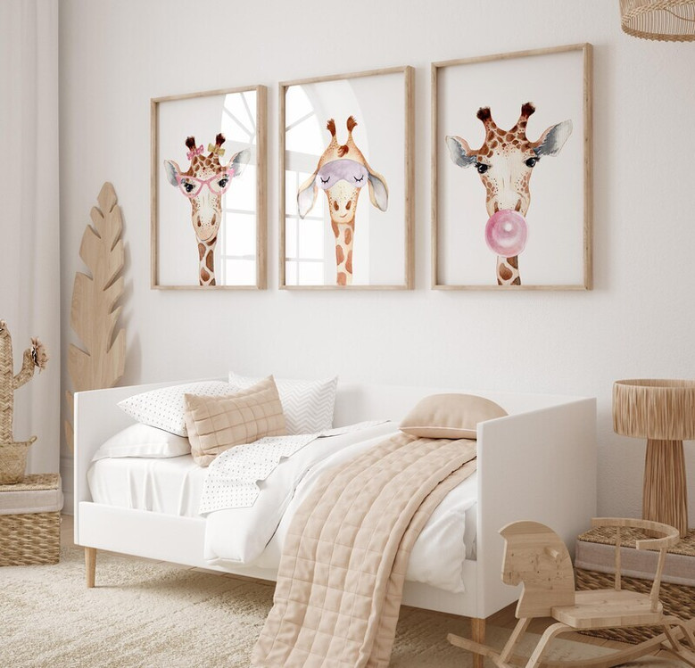 Giraffe nursery canvas trio, vertical triptych with mom and baby giraffe cuddles in soft pastels for girl's bedroom decor
