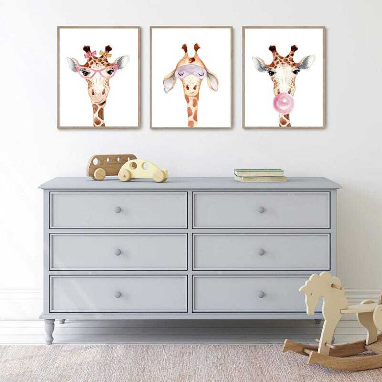 Giraffe nursery canvas trio, boho safari wall art set of three with floral accents for girl's bedroom and baby nursery decor