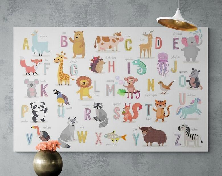 Animal Alphabet Canvas - Nursery & Kids Room Decor - Playful Animal Design For Babies