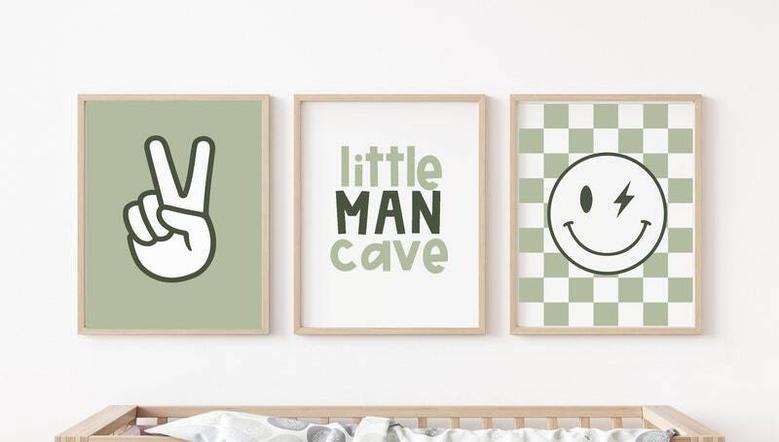 Sage Green Baby Boy Nursery Wall Art Canvas - Neutral Kids Room Decor With Checkered Smiley Theme