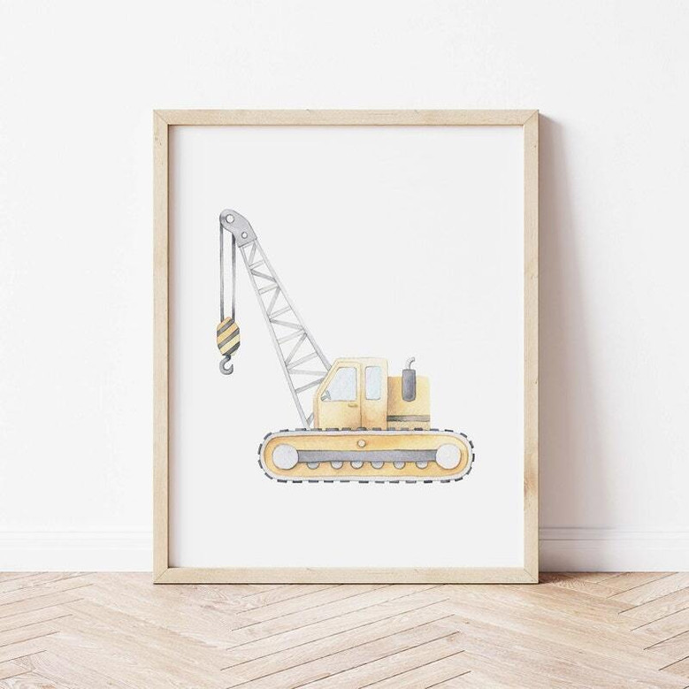 Construction vehicle canvas wall art set for boys room, neutral-toned transportation prints perfect for baby nursery decor