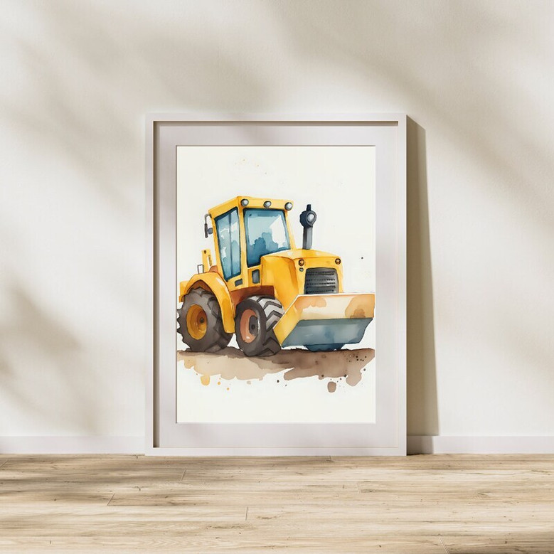 Construction truck canvas wall art with a friendly crane scene, kid-safe tones and clean design for baby boy’s nursery decor