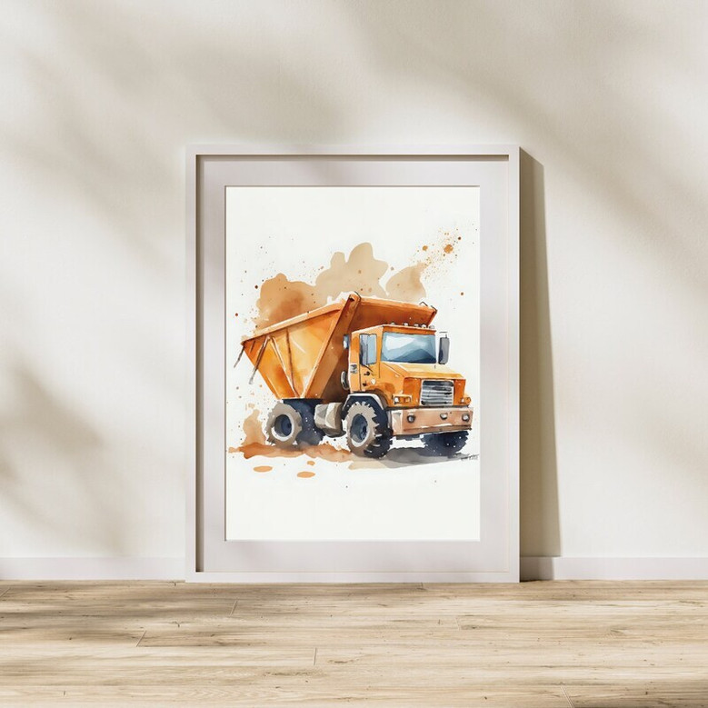 Construction truck canvas wall art, vertical print showing bulldozer motif, soft hues for baby boy nursery decoration