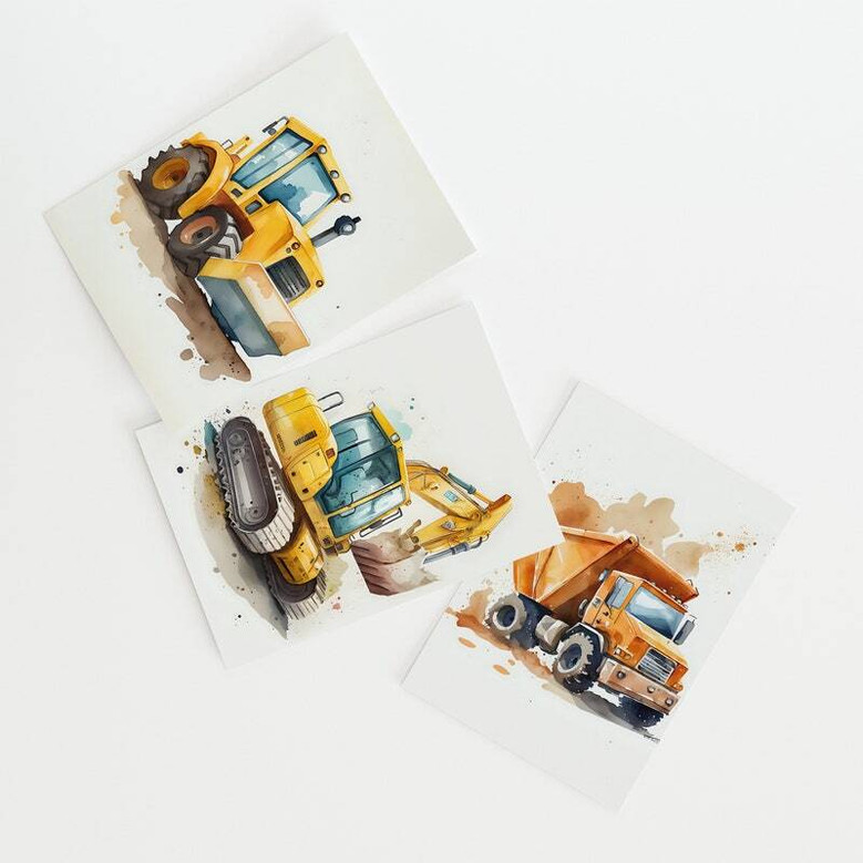 Construction truck canvas wall art highlighting a cement mixer and road signs, soothing palette for baby boy nursery decor