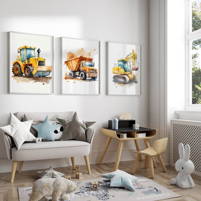 Construction truck canvas wall art for nursery, playful dump truck illustration in soft palette for baby boy’s room decor