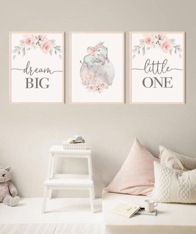 Charming Elephant Nursery Canvas - Floral Moon Wall Art for Baby Girl's Room