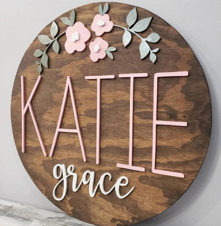 Personalized Baby Girl Wood Sign - Floral Boho Decor for Nursery Room