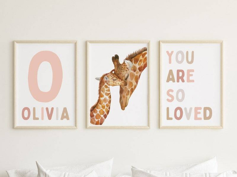Boho giraffe canvas set, blush pink nursery wall art personalized with child’s name, sweet decor for a baby girl room