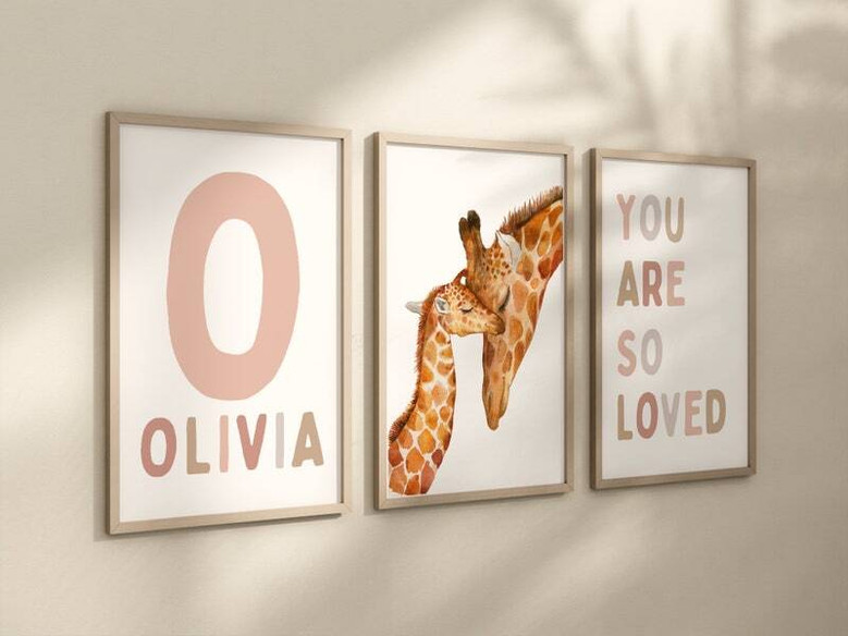 Boho giraffe nursery canvas set in blush pink, custom name wall art for baby girl nursery decor or baby shower gift