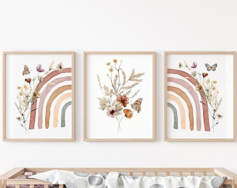 Set of 3 Boho Rainbow Nursery Canvas For Baby Girl - Dreamy Wildflowers Wall Art - Nursery Ideas