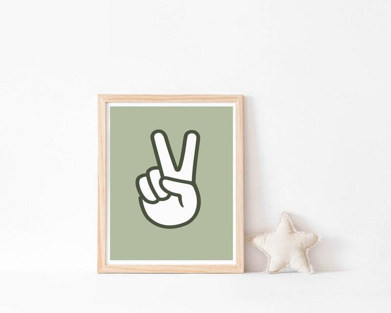 Retro checkered smiley nursery wall art canvas in sage green, calming neutral palette for toddler room or playroom decor