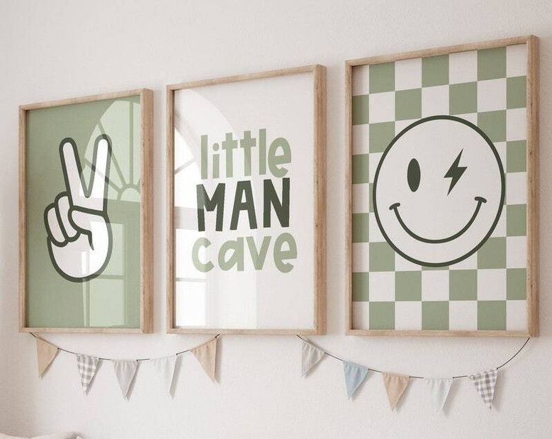 Checkered smiley nursery wall art canvas in sage green, neutral decor for a baby boy's room, playful modern design for kids