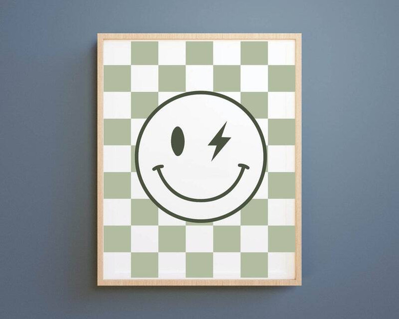 Sage green checkered smiley wall art canvas, modern minimalist accent for a baby boy nursery or gender-neutral kids room