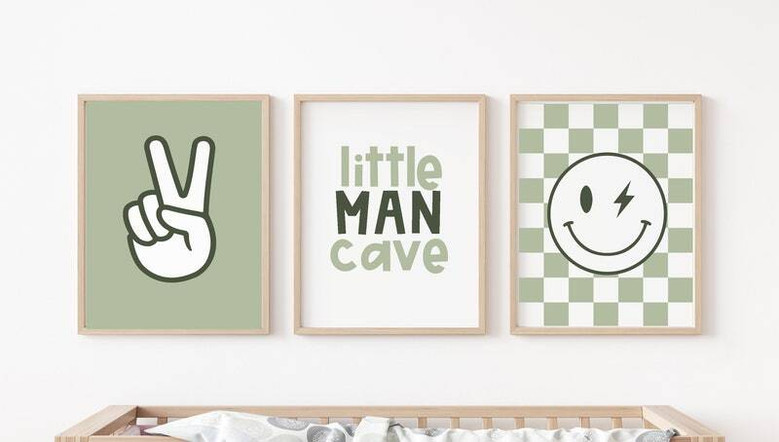Smiley face checkered nursery wall art canvas in sage green tones, sweet baby shower gift for a neutral baby boy room