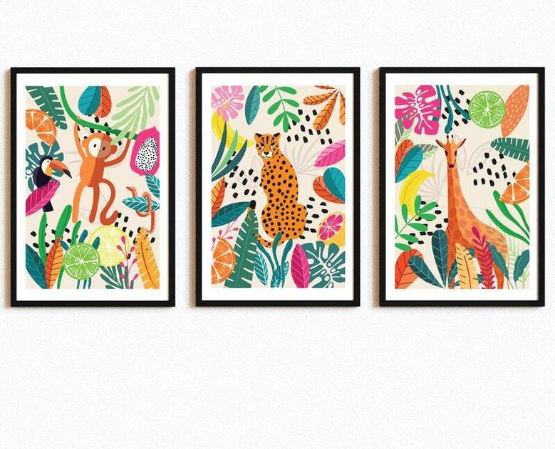 Colorful Safari Nursery Canvas Set Jungle Theme For Playroom Or Nursery